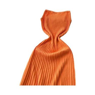 Imagem de Vestido Midi Amarelo De Cintura Alta Sem Mangas Em Tricô Plissado Para