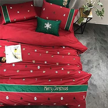 Imagem de 3FLQOOPP Jogo de cama de Natal vermelho decorativo bordado capa de edredom conjunto de lençol de cama fronha cor 1 tamanho queen 4 peças (cor: 1 tamanho queen 4 peças)