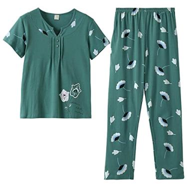 Imagem de HHHJQFAAT Loungewear Conjunto de calças compridas de manga curta com estampa de roupa de casa com gola redonda feminina (C médio)