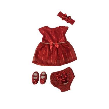 Imagem de Kit Vestido Calcinha Sapatinho Laço Roupa Bebe 0-6 meses 4pc - Lala Lu