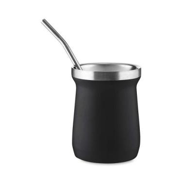Imagem de Kit Tereré Cuia Térmica Preta 250ml e Bomba Inox Mantém Gelado - Globa