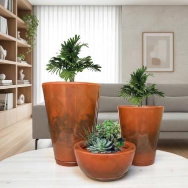 Imagem de Kit Jogo 3 Vasos Marmorizados Cone e Bacia Polietileno Planta Flor Jardim Varanda Moderno Elegante (Marrom)