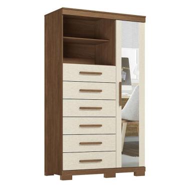 Imagem de Comoda 1 porta 6 gavetas Marabá com espelho e pés Jatobá Areia Acetinado - Santos Andirá