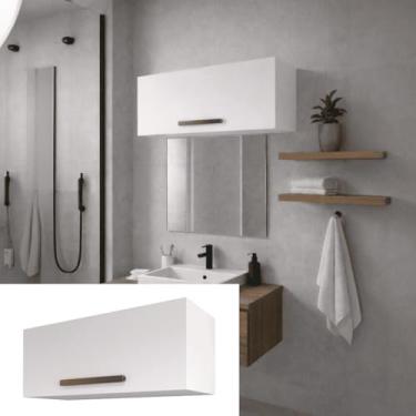 Imagem de Armário Gabinete Suspenso Aéreo para Banheiro, Branco com Detalhe em Madeira, Estilo Moderno, Montagem na Parede