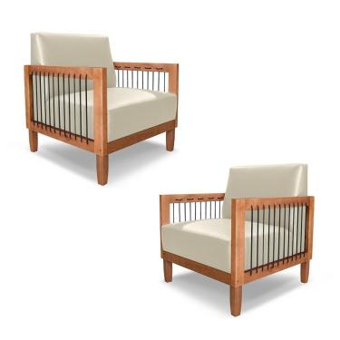 Imagem de Kit 2 Poltronas Sala De Estar Pés Madeira Maciça Corda Náutica Preta 75cm Manila Pu Bege