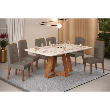 Imagem de Conjunto: Mesa de Cozinha Celeste c/ Tampo Madeirado c/ Vidro Curvo 160x90cm e 6 Cadeiras Lia Freijo/Off White - Suede Lunar - DJ Móveis