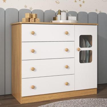 Imagem de Cômoda Infantil 95cm 1 Porta Com Vidro E 4 Gavetas Brisa Multimóveis MP4428 Madeirado/branco