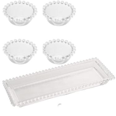 Imagem de Kit 5 Peças Travessa E 4 Bowls Bolinha Perola cristal PETISCOS CAFÉ DA