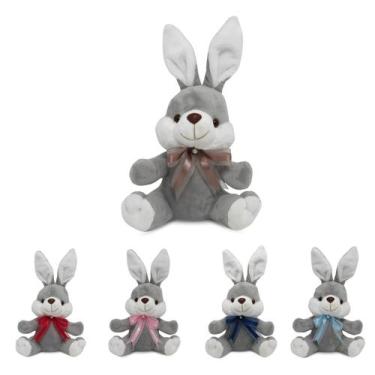 Imagem de coelhinho de pelucia cinza com laço marrom muito fofo para presente de