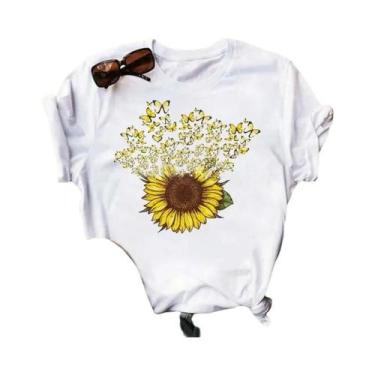 Imagem de Camiseta Preta Com Estampa De Borboleta E Girassol Kawaii Para Mulhere