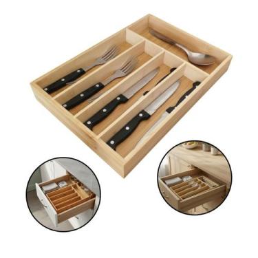 Imagem de Organizador Talheres 5 Compartimentos Bambu Gaveta Cozinha Bege - Kadê