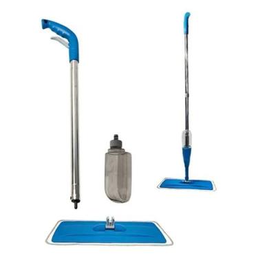 Imagem de Mop Spray Giratório Cinza Azul Microfibra Cabo Ajustável Limpeza Pisos