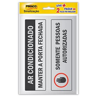 Imagem de Placa em filme Adesivo Pimaco para Sinalização 'Ar Condicionado e Pessoas Autorizadas', Prata, 6,5x20cm, 2 placas por embalagem
