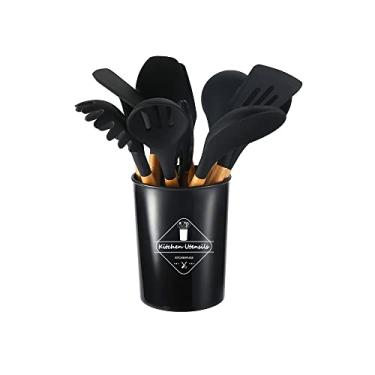 Imagem de FUYTERY 11 peças cozinha silicone utensílio de cozinha resistente ao calor panelas de aço inoxidável conjunto de pá colher (Preto)