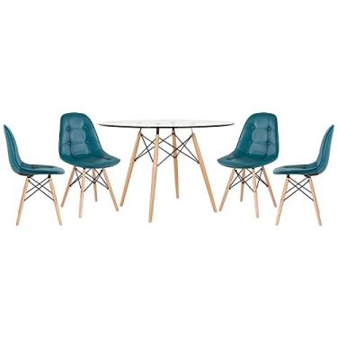Imagem de Loft7, Mesa Eames com tampo de vidro 120 cm + 4 cadeiras estofadas Eiffel Botonê Turquesa