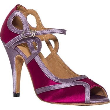 Imagem de Salabobo L017 sapato feminino fashion profissional latino festa de casamento formatura peep toe salto personalizado PU dança, Roxa, 7.5