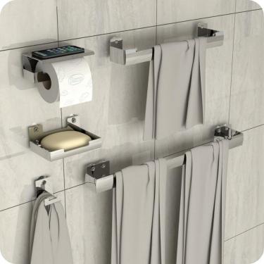 Imagem de Kit Acessórios Para Banheiro Inox Com Ventosa 5 Peças ELG