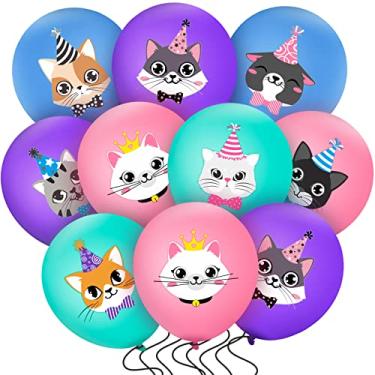 Imagem de 40 pçs balões de látex para festas de aniversário de gato, fofos balões com estampa de gatinha decoração de festa de aniversário para animais de estimação, decoração de lembrancinhas de aniversário, azul, rosa, roxo e verde