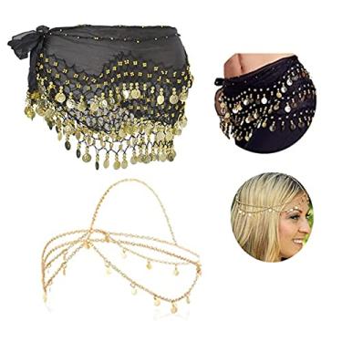 Imagem de XHBTS Várias fileiras de moedas de ouro para dança do ventre e lenço de quadril, corrente de cabeça de lantejoulas douradas, festival, fantasia de formatura, acessórios de cabelo para mulheres e