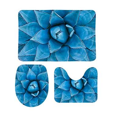 Imagem de My Daily Conjunto de 3 peças de tapete de banheiro azul Agave Plant Suculentas antiderrapante tapete de contorno + tampa de vaso sanitário + tapete de banheiro