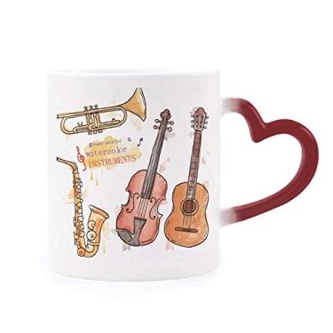 Imagem de Caneca musical de violão com estampa de aquarela sensível ao calor, copo de grés que muda de cor vermelha