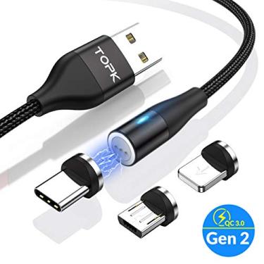 Imagem de Cabo de carregamento magnético TOPK, cabo magnético USB de transferência de dados de carregamento rápido de 3 m, cabo magnético trançado de nylon 3 em 1 USB C, cabo carregador de telefone