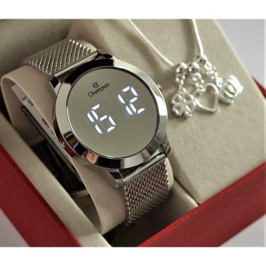 Imagem de Relogio Champion Prateado Espelhado Redondo Digital Ch40106s + Pulseira Berloque