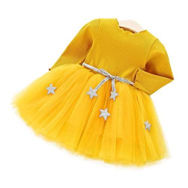 Imagem de Vestido Elegante de Manga Comprida para Bebês Com Estrelas Adoráveis ​​e Design de Cintura, Ideal para Uso Diário, Fotografia e Festivais Familiares (Amarelo)