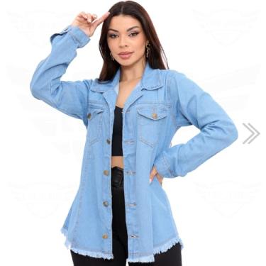 Imagem de Max Jaqueta Jeans Feminina Destroyed Barra Desfiada - EWF Jeans - Delavê (BR, Alfa, GG, Regular, Regular)