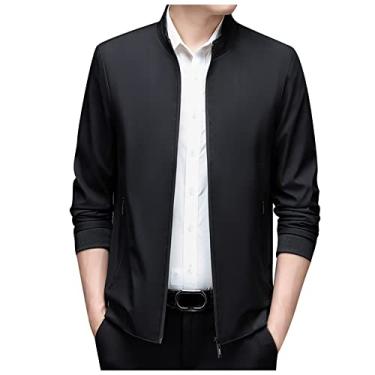 Imagem de Suéter meio zíper masculino outono moda casual lazer sólido fino bolso jaqueta blusa casaco leve casaco masculino (preto, GG)