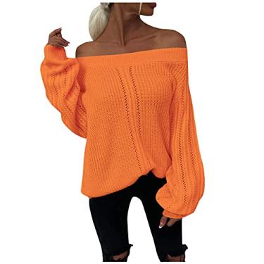 Imagem de Suéter feminino de inverno 2023 sólido fora do ombro suéter grande manga lanterna pulôver suéter grosso, A2 - Laranja, XG