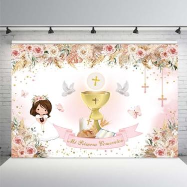Imagem de MEHOFOND 2,1 x 1,5 m Boho Mi Primera Comunion Pano de Fundo para Meninas Batismo Primeira Comunhão Batizado Fotografia Fundo Dourado Bênção Cerimônia Rosa Floral Pampas Foto Studio Adereços