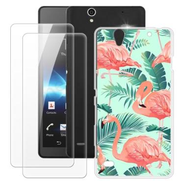 Imagem de MILEGOO Capa para Sony Xperia C4 + 2 peças protetoras de tela de vidro temperado, capa de TPU de silicone macio à prova de choque para Sony Xperia C4 Dual (5,5 polegadas) Flamingo
