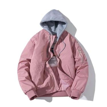 Imagem de Aoleaky Casaco masculino jaqueta corta-vento masculina outono inverno jaqueta casual mantém quente à prova de vento, Chapéu grosso rosa, PP