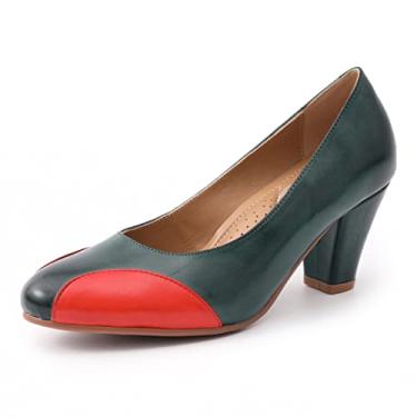 Imagem de Mona flying Sapato feminino retrô estilo scarpin 7 cm salto grosso couro elegante para mulheres, Verde-escuro, vermelho, 37