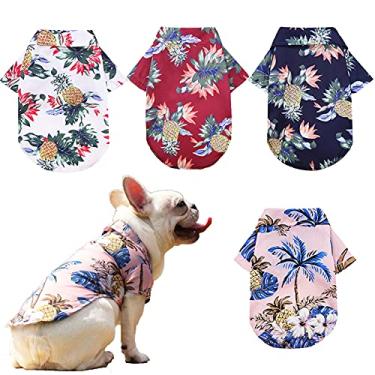 Imagem de Pacote com 4 camisetas havaianas para cães, roupas respiráveis para animais de estimação, moletons para cães, camisas legais de coqueiro, abacaxi, praia para cães pequenos, médios, grandes, gatos, meninos, meninas, roupas polo fofas PP-5GG (GG)