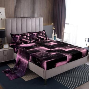 Imagem de Erosebridal Jogo de lençol Queen abstrato preto rosa dégradé quadrado, quadriculado geométrico, jogo de cama Queen, xadrez brilhante, decoração de quarto moderno 3D, 4 peças