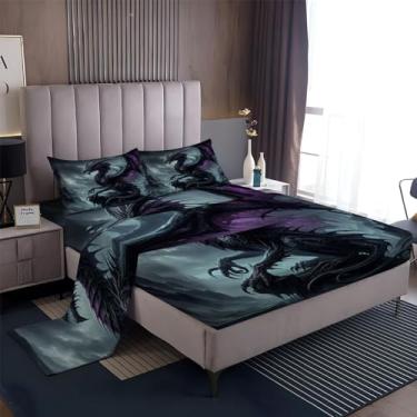 Imagem de Jogo de lençol solteiro dragão roxo preto cinza e lençol com elástico alto, 4 peças, microfibra escovada, macio e respirável, lençol com elástico alto, fácil de cuidar