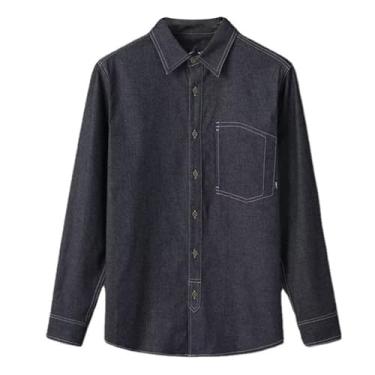 Imagem de Camisa jeans masculina de manga comprida cor sólida com botões frontais e bolso frontal, Preto, G