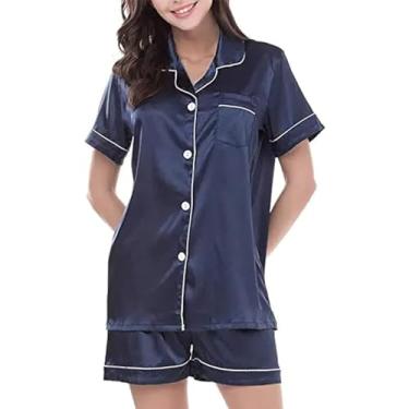 Imagem de Pijama de seda feminino manga curta conjunto de pijama de duas peças pijama loungewear abotoado conjuntos P azul-marinho, Azul, P