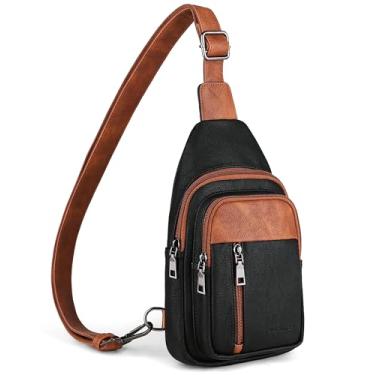 Imagem de MASINTOR Bolsa tiracolo feminina – pochete com couro vegano – Alça ajustável para viagens, Preto, castanho, Bolsa Sling