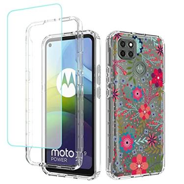 Imagem de sidande Capa para Moto G9 Power, XT2091-3 com protetor de tela de vidro temperado, capa protetora fina de TPU floral transparente para celular para Motorola Moto G9 Power (estampas florais)