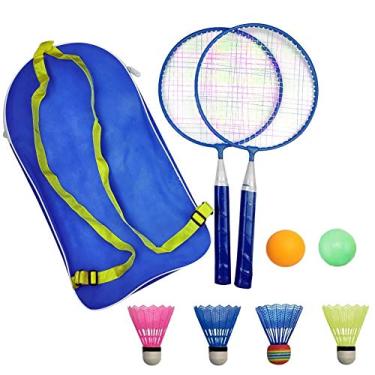 Imagem de Conjunto de raquete infantil AIKESIWAY Badminton para crianças 1 par, liga de nylon durável profissional para crianças jogos esportivos internos/externos (inclui 4 badminton e 2 tênis de mesa), Azul