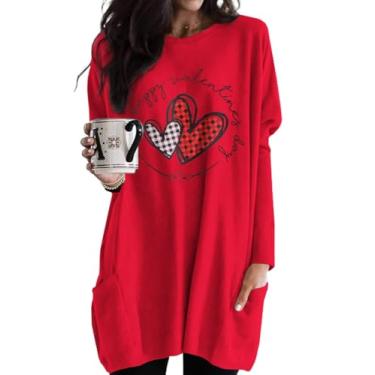 Imagem de KEKEMI Moletom feminino feliz dia dos namorados xadrez coração gráfico camisa casual manga longa pulôver tops com bolsos, Vermelho - 63, G