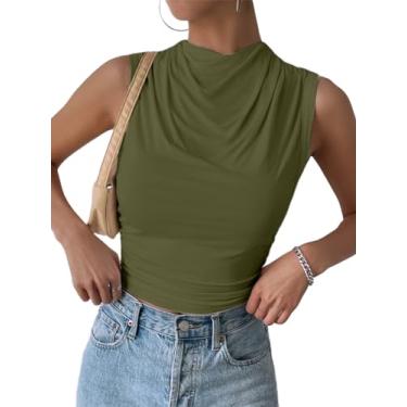 Imagem de SOFIA'S CHOICE Camisa feminina listrada de manga comprida gola redonda de algodão casual, Verde militar, XG
