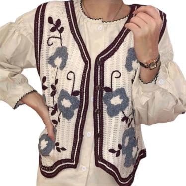 Imagem de CUFEZN Suéter feminino com estampa floral, sem mangas, gola V, vintage, cardigã de crochê, malha cropped folgada, regata, Borgonha, Tamanho Único