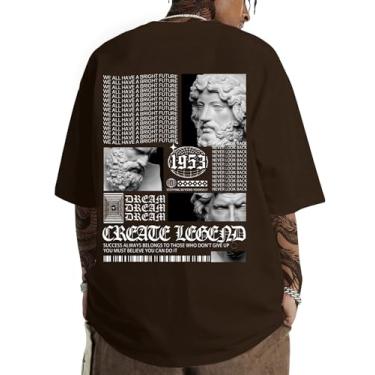 Imagem de SOLY HUX Camisetas masculinas com estampa de letras casuais, manga curta, gola redonda, camisetas tamanho grande para homens, Marrom café, PP