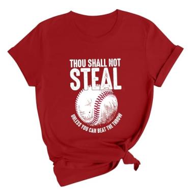 Imagem de Camiseta feminina estampada de beisebol gola redonda, caimento solto, manga curta, túnica de beisebol de verão, Vermelho - C, M