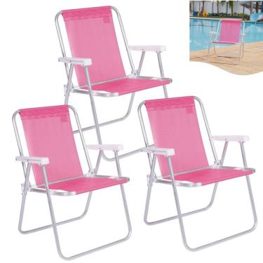 Imagem de Kit 3 Cadeira Alta Sannet Em Alumínio Para Praia Camping Piscina Jardim Rosa - Mor