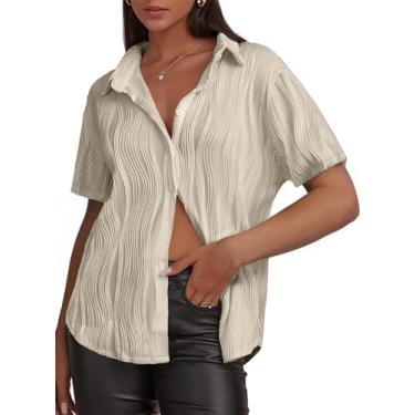 Imagem de EVALESS Blusas femininas texturizadas de botão para trabalho para mulheres elegantes roupas casuais de verão moda 2024, Bege, XXG